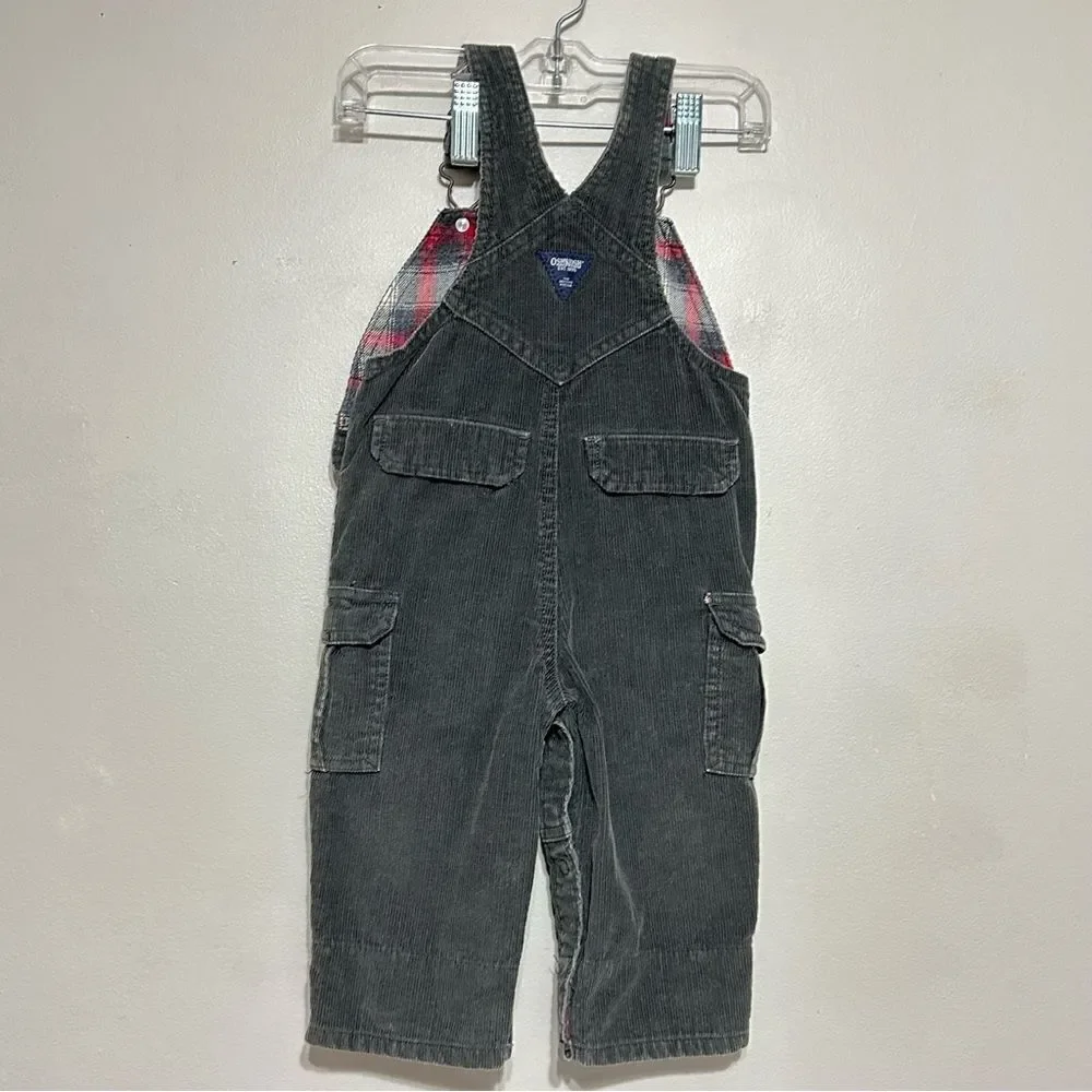 Oshkosh Vestbak Corduroy Overalls Plaid Flannel Lined Bibs Baby 6-9 Months Snaps